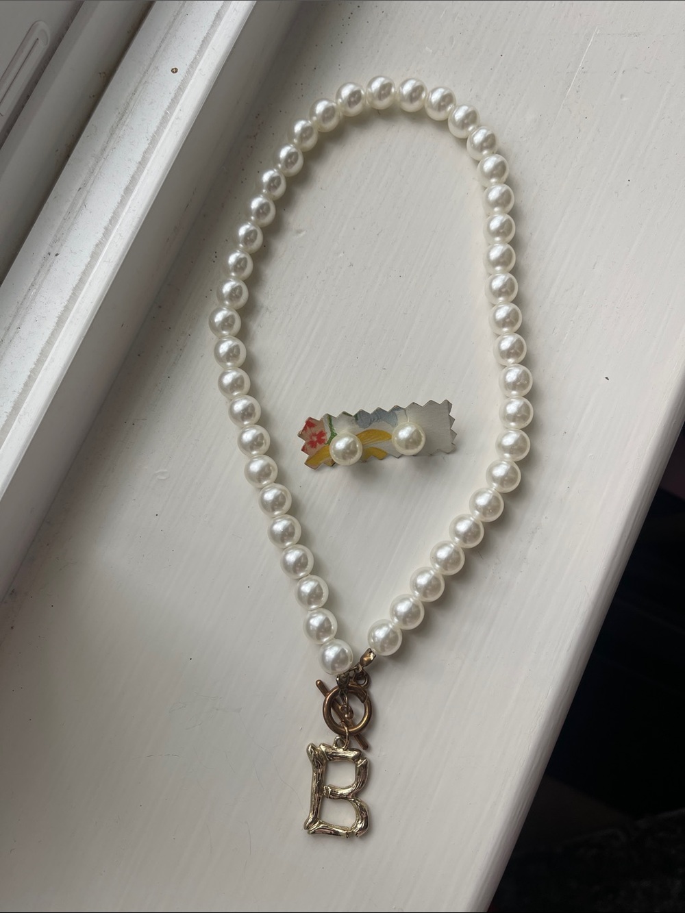 Classic White Pearl Necklace with Gold 'B' Initial Pendant